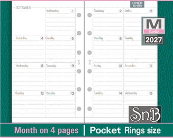May include: A pocket-sized ring binder planner insert for September 2027, featuring a lined half-month layout across two pages. The white paper has six pre-punched holes, black text, and measures 3.3 by 4.7 inches. Includes SnB branding.