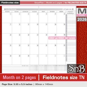 SnB FN  - SmartPlan - Month on 2 pages - 2025 / 2026 - Printable Monthly insert for Traveler's Notebooks