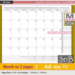 SnB A6 TN -  SmartPlan - Month on 2 pages - 2025 / 2026 - Printable Monthly insert for Traveler's Notebooks