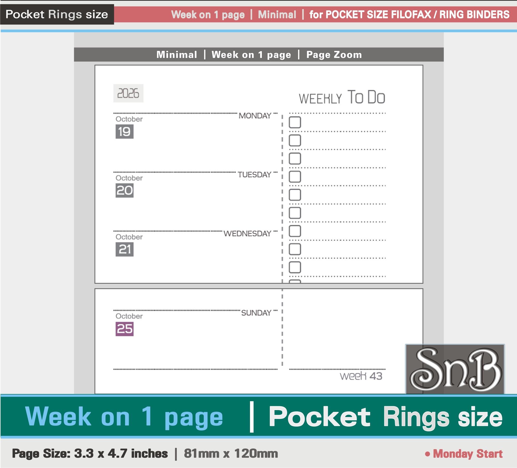 Snb Pocket Rings - Minimal - Week on 1 Page - 2025 / 2026 - Printable ...