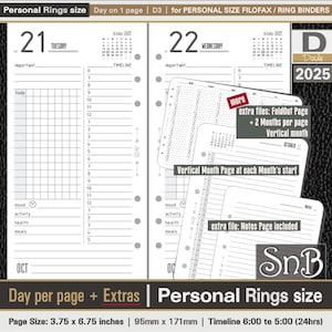 SnB Personal rings - D3 - Day on 1 page - 2025 - Printable Daily inserts for Filofax / Ring Binders