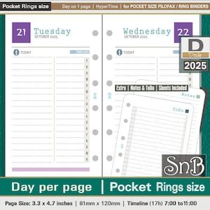 SnB Pocket rings - HyperTime - Day on 1 page - 2025 - Printable Daily inserts for Filofax / Ring Binders