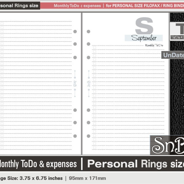 SnB Personal rings - Typo Edition - Monthly ToDo & Expenses - Undated - Printable Monthly inserts for Filofax / Ring Binders