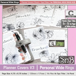 May include: Planner covers for personal wide rings, featuring floral and typo title designs. The covers are printed on paper or vellum, with a size of 4.75 x 6.75 inches (120mm x 171mm). The package includes 8 floral and 8 typo title designs.