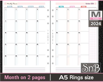 SnB A5 rings - Color Month on 2 pages - 2023 / 2024 - Printable Monthly inserts for Filofax / Ring Binders