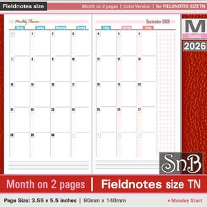 May include: A two-page spread monthly planner for September 2026, designed for Fieldnotes size TN. The planner features a grid layout with dates and days of the week. The page size is 3.55 x 5.5 inches. The planner has a Monday start.
