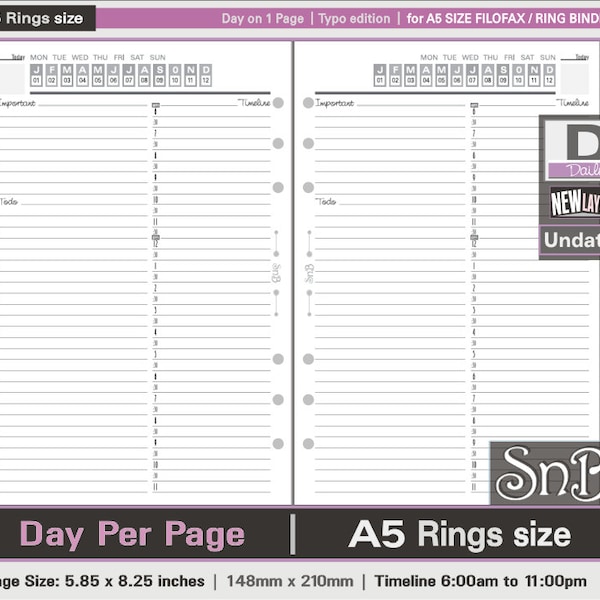 SnB A5 rings - Typo Edition - Day on 1 page - Undated - Printable Daily inserts for Filofax / Ring Binders