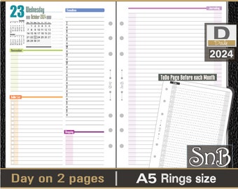 SnB A5 rings - Color First Edition - Day on 2 pages - 2023 / 2024 - Printable Daily inserts for Filofax / Ring Binders
