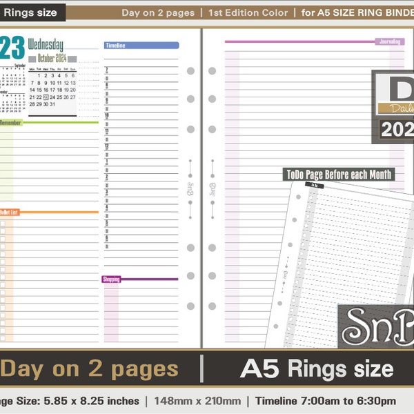 SnB A5 rings - Color First Edition - Day on 2 pages - 2023 / 2024 - Printable Daily inserts for Filofax / Ring Binders