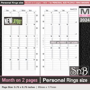 SnB Personal rings - M23 - Month on 2 pages - 2023 / 2024 - Printable Monthly inserts for Filofax / Ring Binders