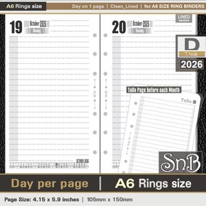 SnB A6 rings - Clean Edition - Lined  - Day on 1 page - end2025 / 2026 - Printable Daily inserts for Ring Binders