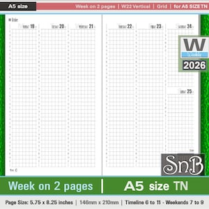 SnB A5 TN - W22 Vertical Grid - Week on 2 pages - 2025 / 2026 - Printable Weekly inserts for Traveler's Notebooks