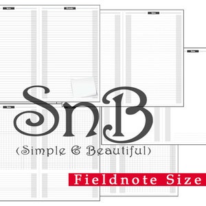 May include: Four printable planner pages in Fieldnote size, featuring a grid, lined, and blank layout. The pages are designed for use with a Fieldnote notebook.