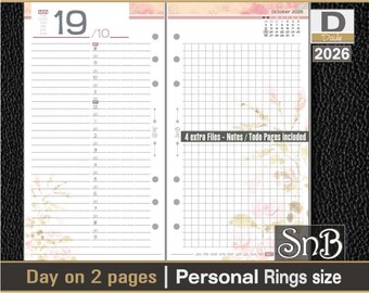 SnB Personal rings - Floral - Day on 2 pages - 2026 - Printable Daily inserts for Filofax / Ring Binders