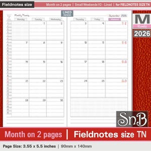 SnB FN  - Small Weekends V2 - Month on 2 pages - 2025 / 2026 - Printable Monthly insert for Traveler's Notebooks