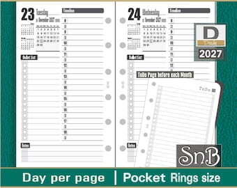 May include: A pocket-sized ring binder planner insert for 2027, featuring a day-on-one-page layout for November 23rd and 24th. The white pages include a timeline from 8:00 to 18:30, a bullet list, and a notes section. A separate ToDo page is shown.