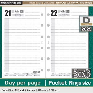 SnB Pocket rings -  Clean Edition - Lined - Day on 1 page - 2025 - Printable Daily inserts for Filofax / Ring Binders