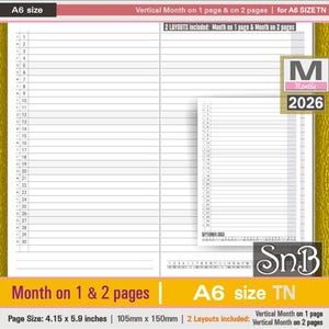 SnB A6 TN - Lined Month on 1 and on 2 pages - 2025 / 2026 - Printable Monthly inserts for Traveler's Notebooks