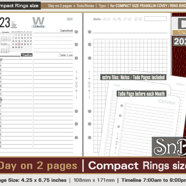 SnB Compact - Typo Edition - Day on 2 pages - 2023 / 2024 - Printable Daily inserts for Franklin Covey binders