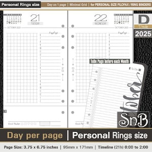 SnB Personal rings - Minimal - Grid - Day on 1 page -  2025 - Printable Daily inserts for Filofax / Ring Binders