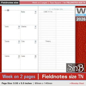 SnB FN - Typo Square - Week on 2 pages - 2025 / 2026 - Printable Weekly inserts for Traveler's Notebooks