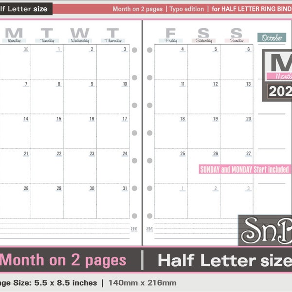 SnB Half Letter rings - Typo Edition - Month on 2 pages - 2023 / 2024 - Printable Monthly inserts for Half Letter / FC CLASSIC BINDERS