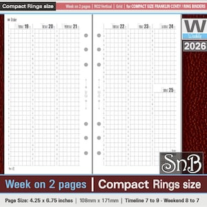 SnB Compact - W22 Vertical Grid - Week on 2 pages - 2025 / 2026 - Printable Weekly inserts for Franklin Covey binders