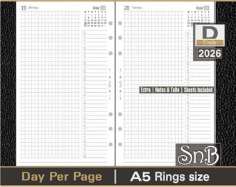 SnB A5 rings - Light Edition - Grid - Day on 1 page - 2026 - Printable Daily inserts for Filofax / ring binders