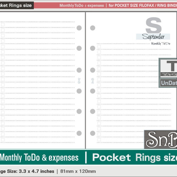 SnB Pocket rings - Typo Edition - Monthly ToDo & Expenses - Undated - Printable Monthly inserts for Filofax / Ring Binders