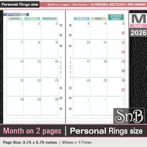 SnB Personal rings - Blue Small Weekends - Month on 2 pages - 2025 / 2026 - Printable Monthly inserts for Filofax / Ring Binders