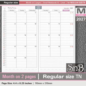 May include: A regular size TN monthly planner insert featuring a two-page spread with lined daily columns for Monday through Sunday. The layout includes a numbered list for days of the month, a November 2027 calendar, and the text SnB. Page size is 110mm x 210mm.