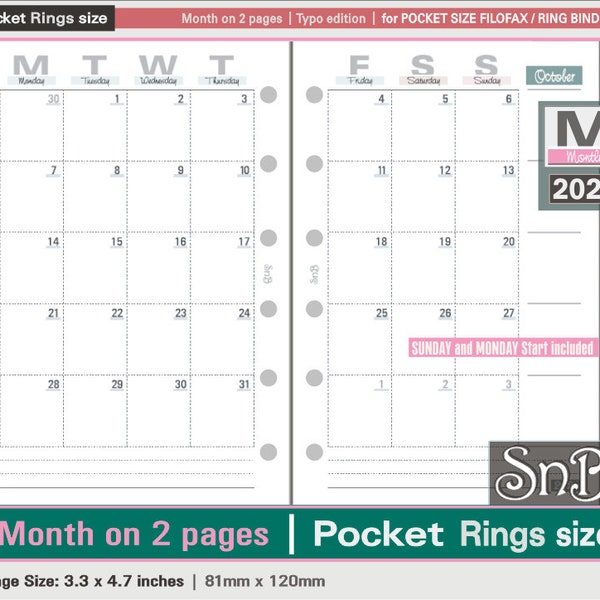 SnB Pocket rings - Typo Edition - Month on 2 pages - 2023 / 2024 - Printable Monthly inserts for Filofax / Ring Binders