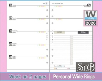 SnB Personal Wide - Minimal - Week on 2 pages - 2025 / 2026 - Printable Weekly inserts for Ring Binders