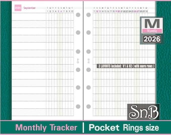 SnB Pocket rings - Monthly Habit Tracker (2 versions included)  - 2025 / 2026 - Printable Monthly inserts for Filofax / Ring Binders