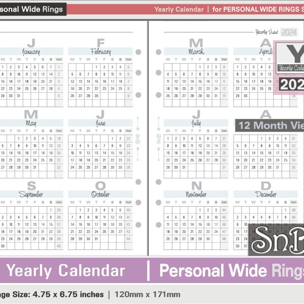 SnB Personal Wide - Typo Edition - Yearly Calendar - 2023 / 2024 - Printable Monthly inserts for Ring Binders