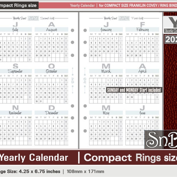 SnB Compact - Typo Edition - Yearly Calendar - 2023 / 2024 - Printable Monthly inserts for Franklin Covey binders