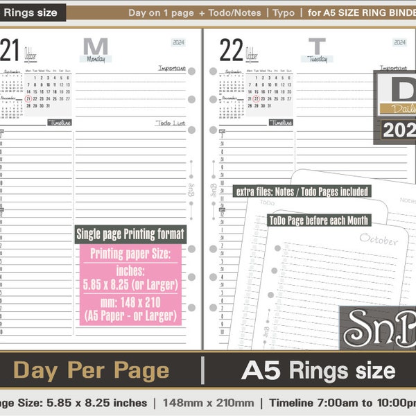 SnB A5 rings - Typo Edition - Day on 1 page - for A5 and Letter paper - 2023 / 2024 - Printable Daily inserts for Filofax / Ring Binders