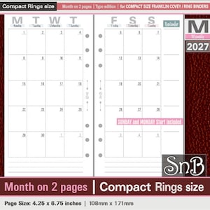 SnB Compact - Typo Edition - Month on 2 pages - 2026 / 2027 - Printable Monthly inserts for Franklin Covey binders