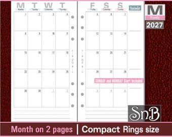 Könnte beinhalten: Ein weißer Monatskalender-Einleger für einen kompakten Ringbuchplaner, 108 mm mal 171 mm groß. Das Layout zeigt den November 2027 auf zwei Seiten mit einem Tagesraster, Wochentagsbeschriftungen und zusätzlichem Platz für Notizen.