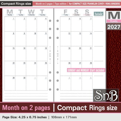 SnB Compact - Typo Edition - Month on 2 pages - 2026 / 2027 - Printable Monthly inserts for Franklin Covey binders