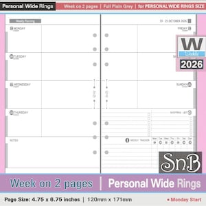 May include: A two-page spread planner insert for Personal Wide Rings. The insert features a weekly layout with space for notes, a shopping list, and a weekly tracker. The page size is 4.75 x 6.75 inches.