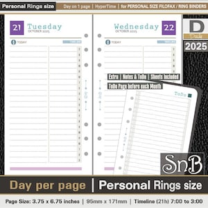SnB Personal rings - HyperTime - Day on 1 page - 2025 - Printable Daily inserts for Filofax / Ring Binders