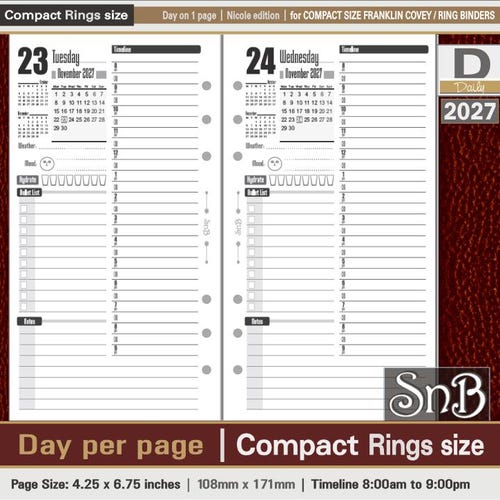 SnB Compact - Nicole Edition - Day on 1 page - 2027 - Printable Daily inserts for Franklin Covey binders