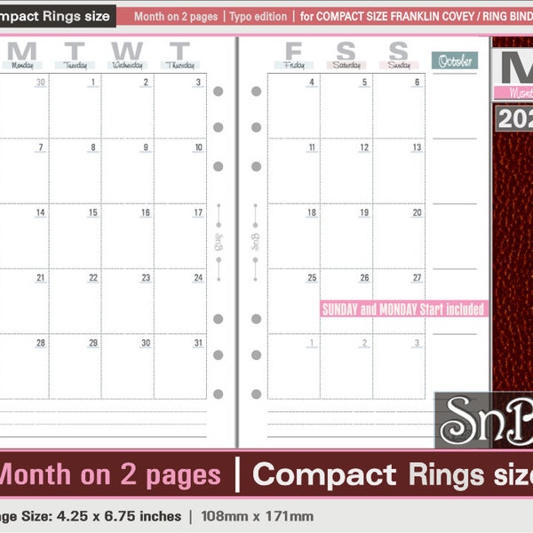 SnB Compact - Typo Edition - Month on 2 pages - 2023 / 2024 - Printable Monthly inserts for Franklin Covey binders