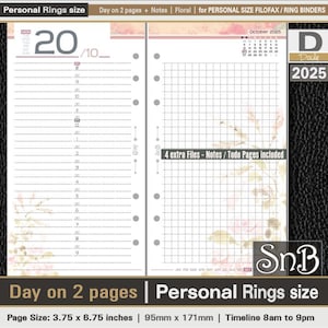 SnB Personal rings - Floral - Day on 2 pages - 2025 - Printable Daily inserts for Filofax / Ring Binders