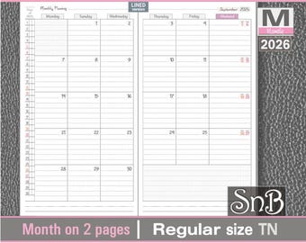 SnB RG  - Small Weekends V2 - Month on 2 pages - 2025 / 2026 - Printable Monthly inserts for Traveler's Notebooks