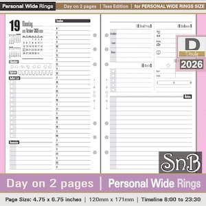 SnB Personal Wide - Tess Edition - Day on 2 pages - end2025 / 2026 - Printable Daily inserts for Ring Binders