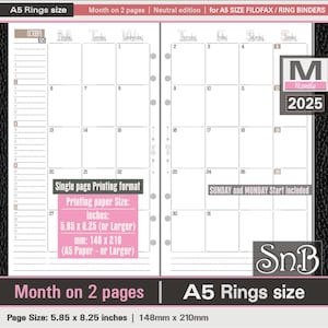 SnB A5 rings - Neutral Edition - Month on 2 pages -for A5 & Letter paper- 2025 - Printable Monthly inserts for Filofax / Ring Binders