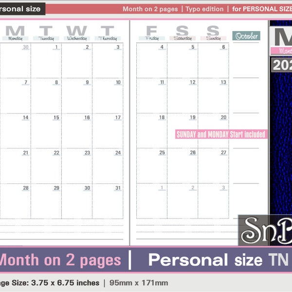 SnB Personal TN - Typo Edition - Month on 2 pages - 2023 / 2024 - Printable Monthly insert for Traveler's Notebooks