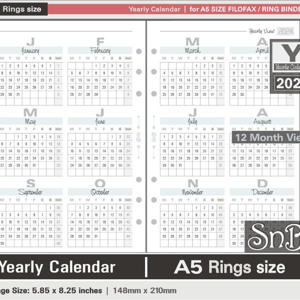 SnB A5 rings - Typo Edition - Yearly Calendar - 2023 / 2024 - Printable Monthly inserts for Filofax / Ring Binders